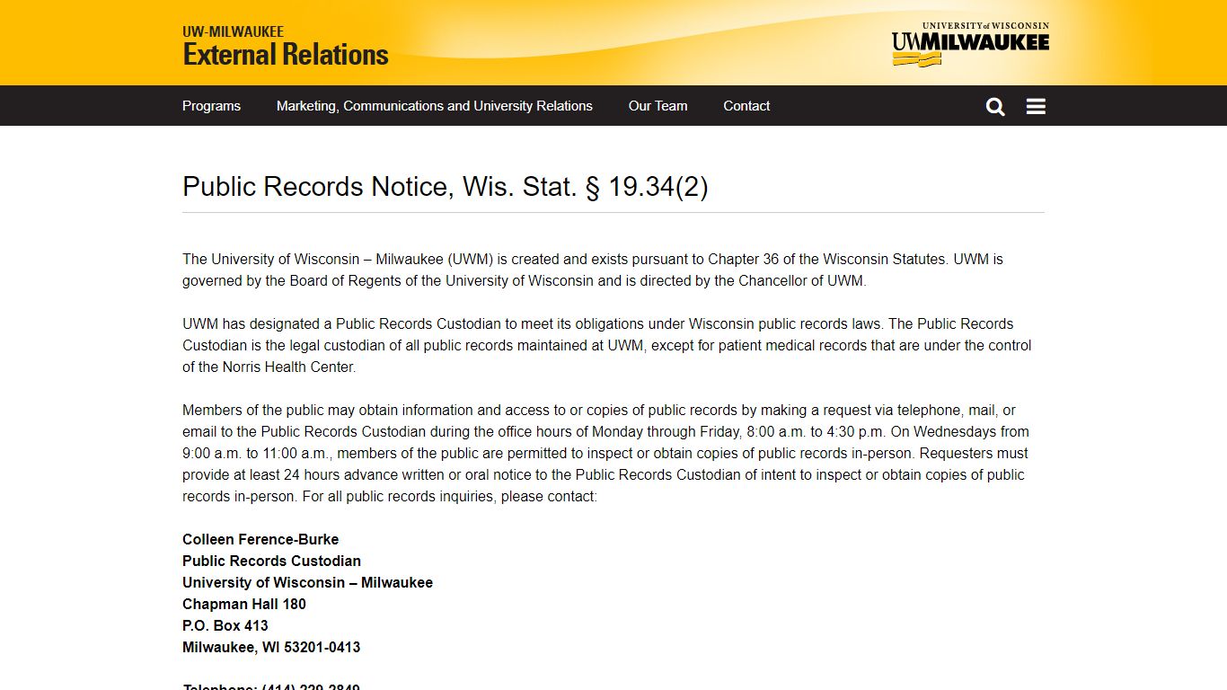 Public Records Notice, Wis. Stat. § 19.34(2) | URC - External Relations