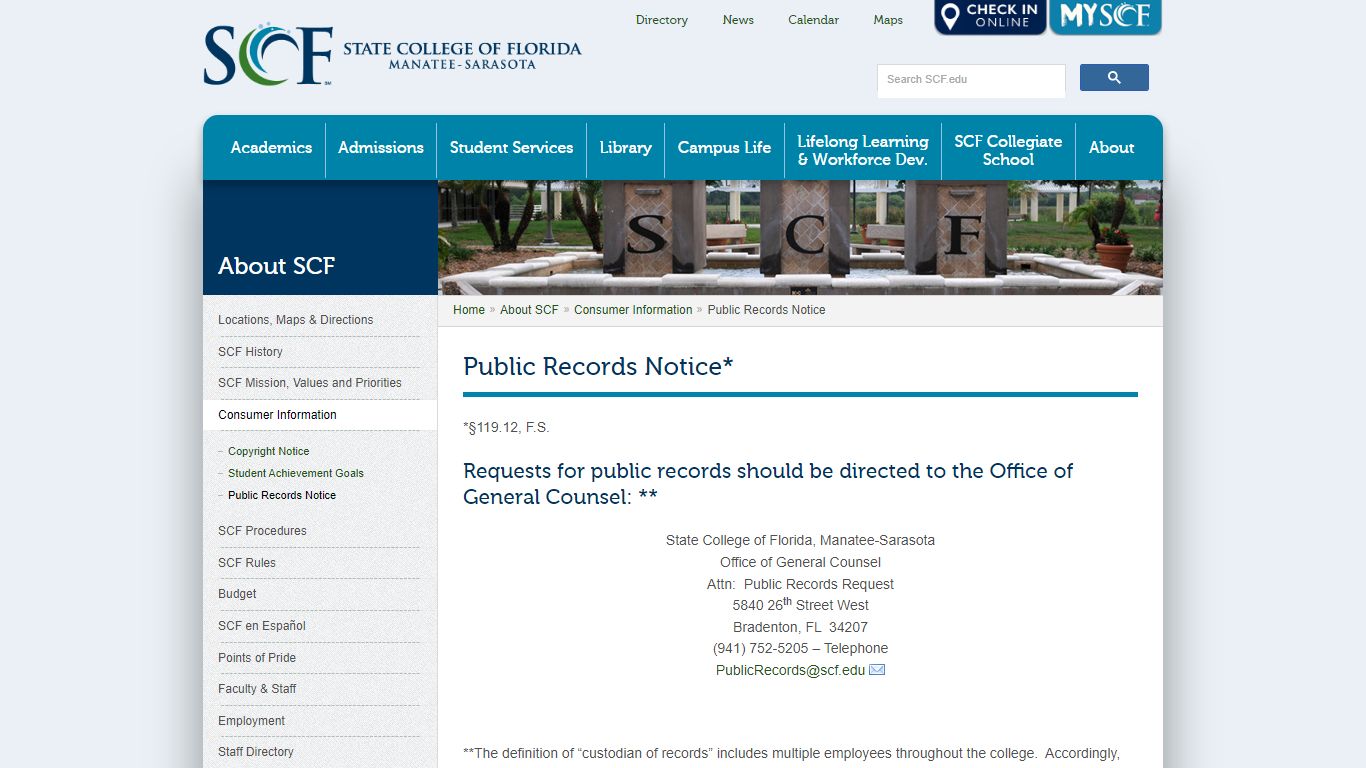 Public Records Notice - State College of Florida, Manatee–Sarasota